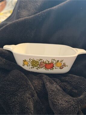 Corningware White Casserole Dish with Fruit and Vegetable Motif